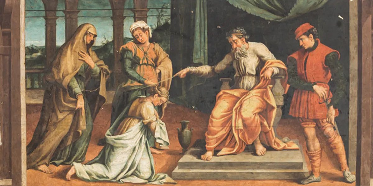 Giannicola Di Paolo (ca. 1460-1544) Umkreis, "Der Prozess gegen die heilige Agnes von Rom", Tafel aus einer Predella, Öl/Holz, 28 x 87 cm. Foto © Eppli (Detail)