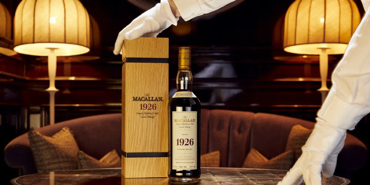 Bottle of Macallan 1926 Fine and Rare 60 Year Old 75cl / US Import, Photo by: © Peter Dibdin Photography Location: Gleneagles Hotel American Bar