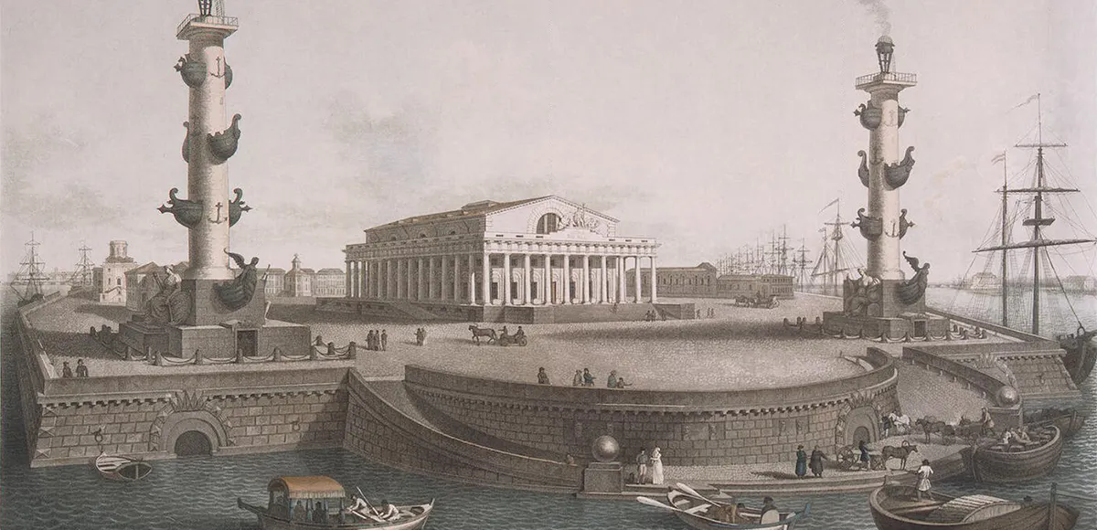 Blick auf die Wassiljewski-Insel in Sankt Petersburg mit der Börse und den Rostrasäulen, 1810. Foto gemeinfrei (Detail)