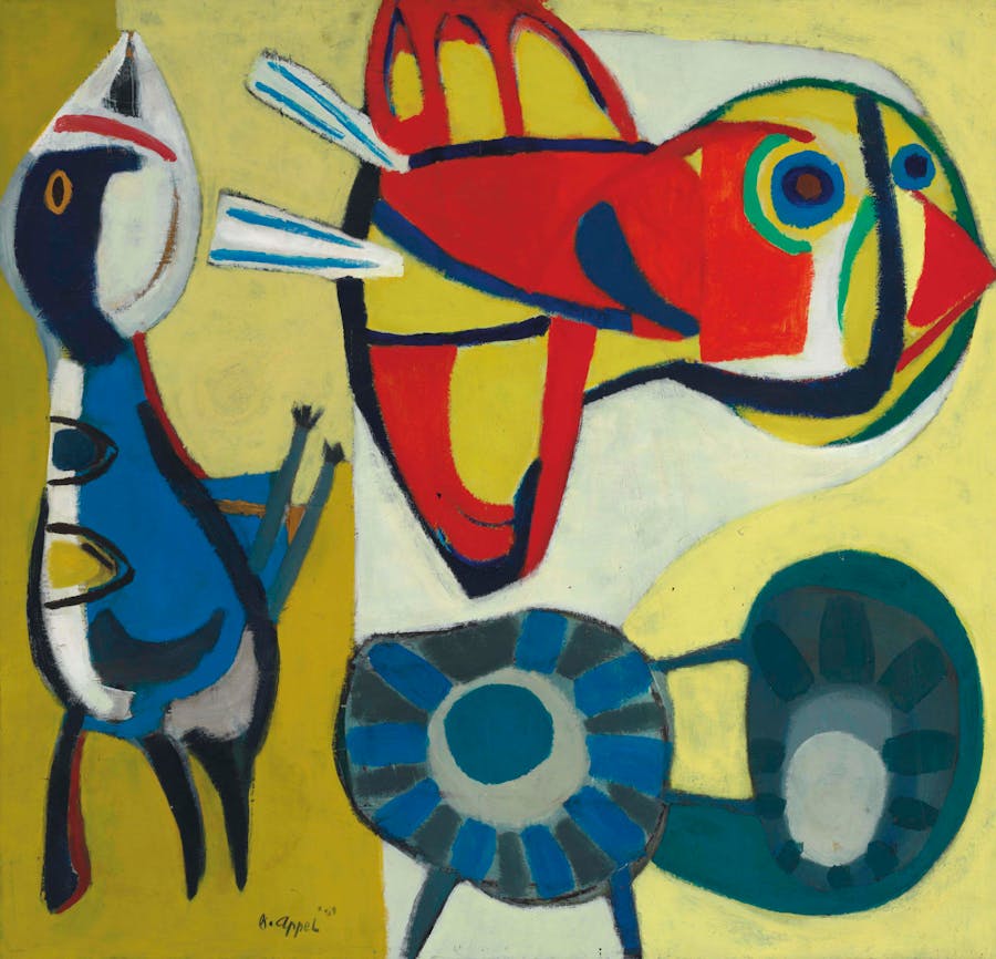 Karel Appel, Two Birds and a Flower. 1951, oil on canvas. Sold for $1.1 million, the artist's record, at Christie's in 2012. Image: Christie's