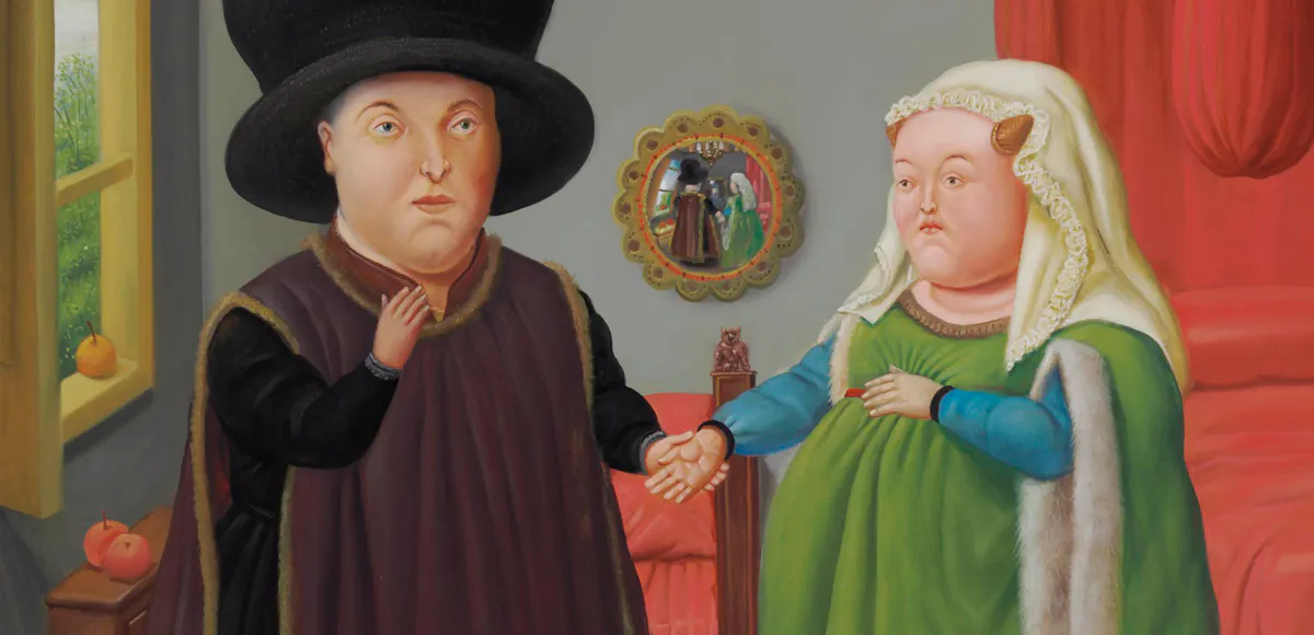 Fernando Botero, The Arnolfini (after Van Eyck), olio su tela, 134 x 106.7 cm, 1997. L'opera è stata venduta da Christie's nel 2012 per 842.500 $. Foto © Christie's
