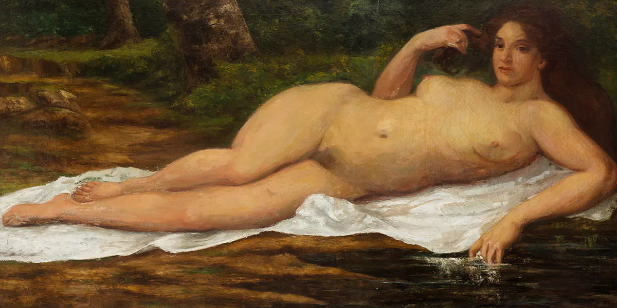 Gustave Courbet (1819 Ornans - 1877 La-Tour-de-Peilz), Grande baigneuse (Femme nue couchée au bord de l’eau), um 1869, signiert, Öl/Lwd., 83,3 x 160 cm. Foto © Rouillac (Detail)