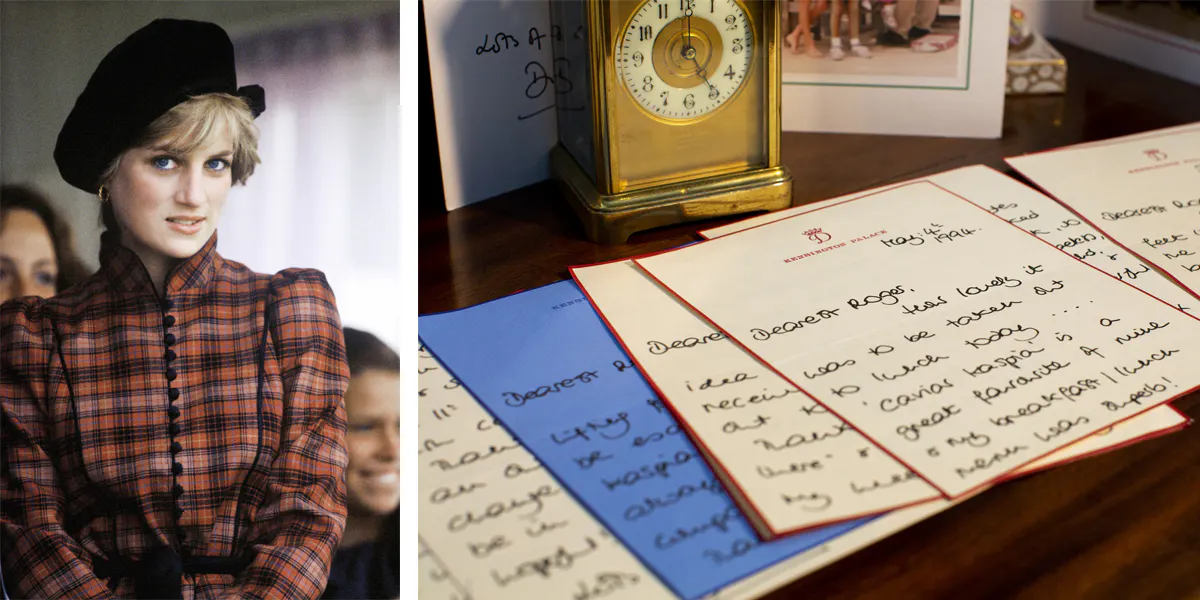 Sinistra: Diana, Principessa del Galles ai Braemar Highland Games in Scozia, nel 1981. . Foto di Anwar Hussein/WireImage per Getty Images. Destra: una collezione di 39 lettere e biglietti di auguri di Natale di Lady D all'asta a marzo. Foto © David Lay Auctioneers 