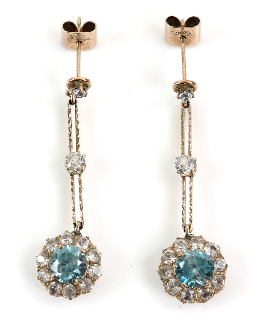 A pair of Vintage Drop Earrings Set with Blue Zircon and White Sapphire. Photo: Ewbank’s