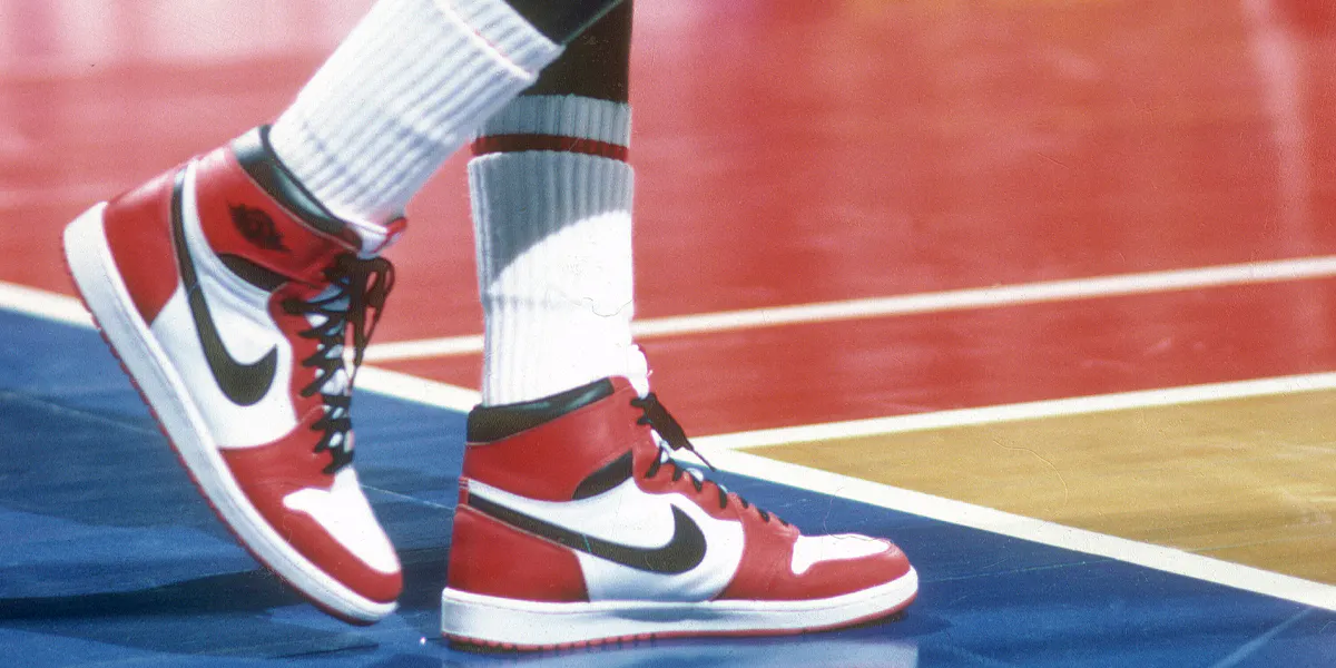  A detailed view of the Nike Air Jordan's 1's worn by Michael Jordan #23 of the Chicago Bulls against the Washington Bullets during an NBA basketball game circa 1985 at the Capital Centre in Landover, Maryland. Jordan played for the Bulls from 1984-93 and 1995 - 98. (Photo by Focus on Sport/Getty Images)