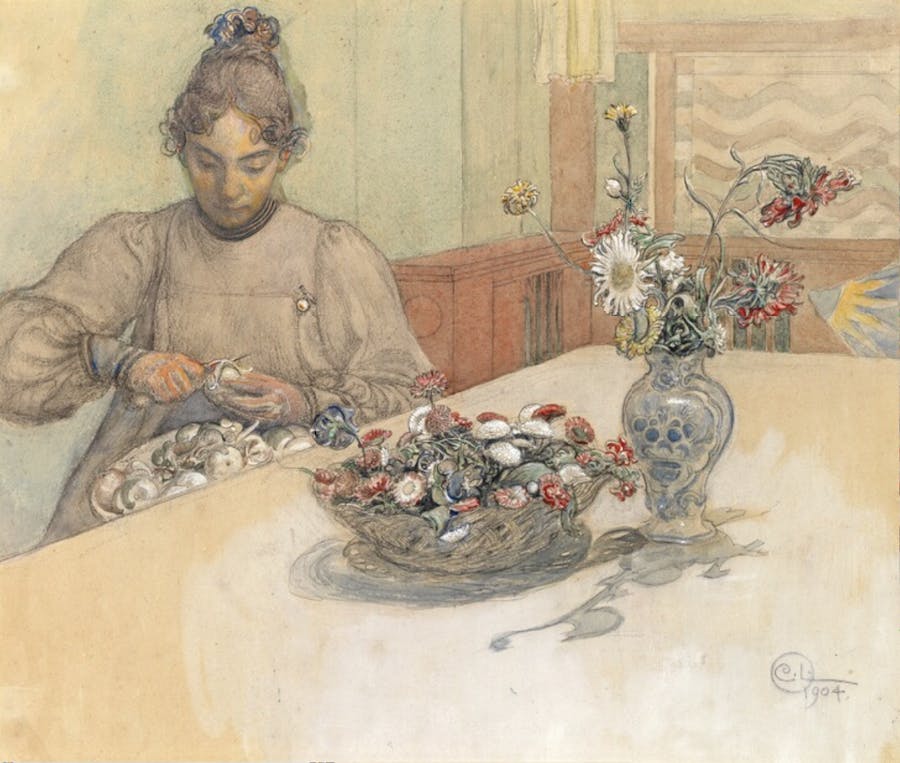 Carl Larsson, 'Karin skalar äpplen', signerad och daterad 1904, akvarell, kol och gouache. Foto: Bruun Rasmussen