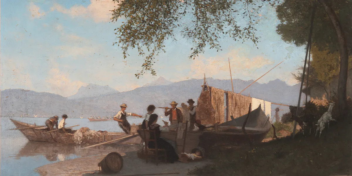 François Bocion (1828 Lausanne 1890), "Préparatifs à la pêche à Grande-Rive", 1876, Öl/Lwd., 38 x 56 cm. Foto © Schuler Auktionen (Detail)