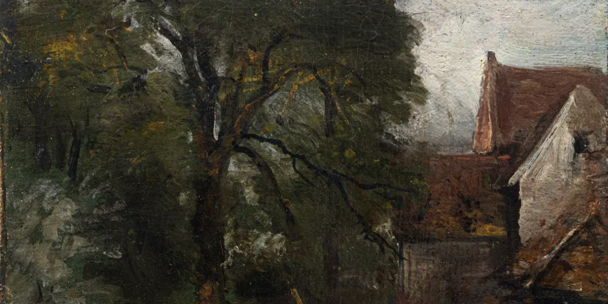 John Constable RA (anglais, 1776-1837), Vue de l'arrière de la maison de Willy Lott avec coupeur de bois, 1814, huile sur toile marouflée sur toile, 11 ½ x 9 5/8in. Photo © Martel Maides Auctions (détail)