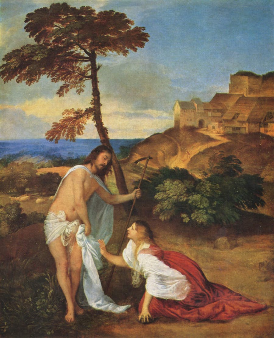 Titian, Noli me tangere. 1512, oil on canvas. Public domain image
