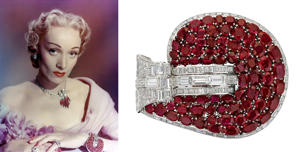 Left: German-born American actress Marlene Dietrich (1901-1992) in her role in "Stage Fright," directed by Alfred Hitchcock, 1950. (Photo by Sunset Boulevard/Corbis via Getty Images). Right: Marlene Dietrich's Jarretière bracelet by Van Cleef & Arpels will be sold in The Magnificent Jewels of Anne Eisenhower sale at Christie's on June 7th. Photo © Christie's
