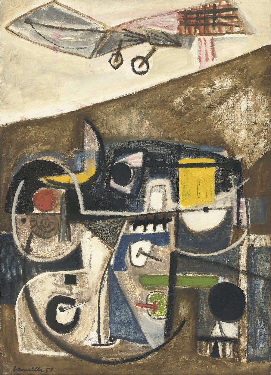 Corneille, Personnage dans une ville avec aeroplane (Person in a city with airplane). 1951, oil on canvas. Sold for $299,000, an artist's record, at Christie's in 2008. Image: Christie's