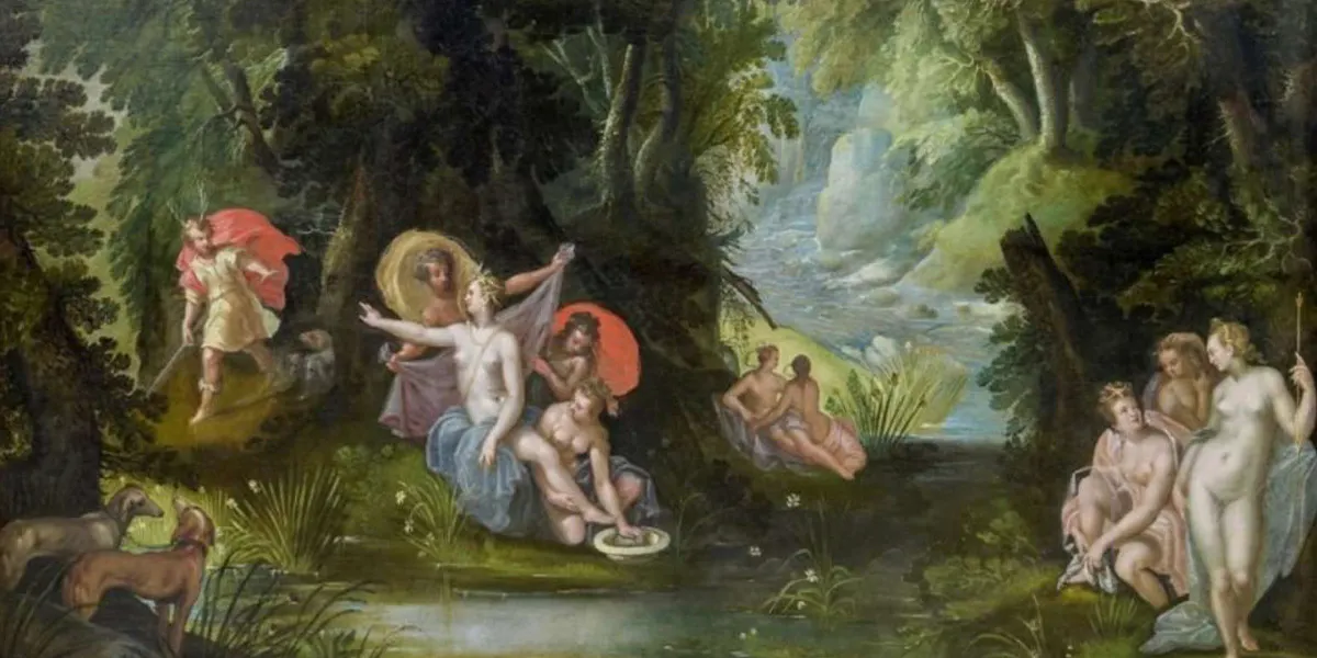 Roelant Savery (1576/78 Kortrijk - 1639 Utrecht) und Bartholomäus Spranger (1546 Antwerpen - 1611 Prag), Aktaion überrascht Diana beim Bade im Wald, Anfang 17. Jh., Öl/Lwd., 89 x 135 cm. Foto © Kunstauktionshaus Schlosser (Detail)