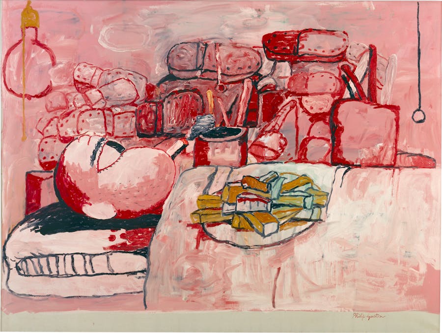 Philip Guston, Painting, Smoking, Eating, 1973, oil on canvas, 196.9 × 262.9 cm. Stedelijk Museum, Amsterdam. Photo © The Estate of Philip Guston, courtesy Hauser & Wirth. Exhibition: Tate Modern, 5 October 2023 – 25 February 2024.