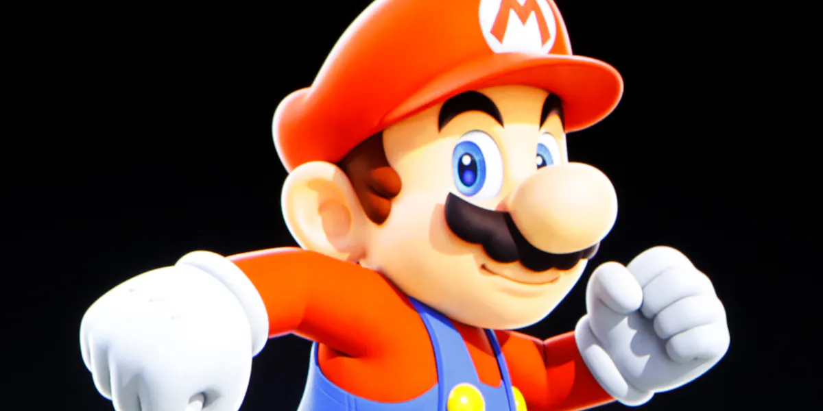 Proiezione di Mario durante un intervento di Shigeru Miyamoto, creativo di Nintendo e creatore di Super Mario, per una festa di lancio di Apple il 7 settembre 2016 a San Francisco, California, foto © Stephen Lam / Getty Images (dettaglio)