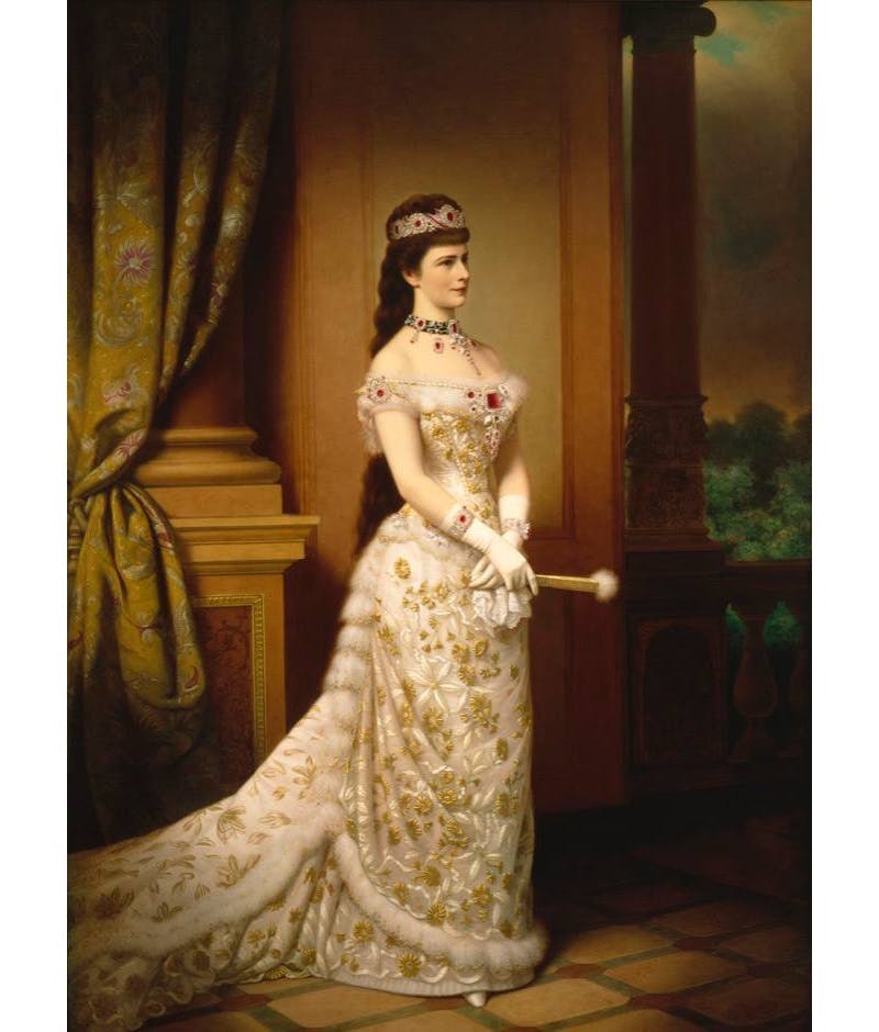 Georg Martin Ignaz Raab (1821-1885), 'Empress Elisabeth in a gala dress with ruby ​​jewellery and a fan', 1879, Hofburg, Vienna. Photo public domain