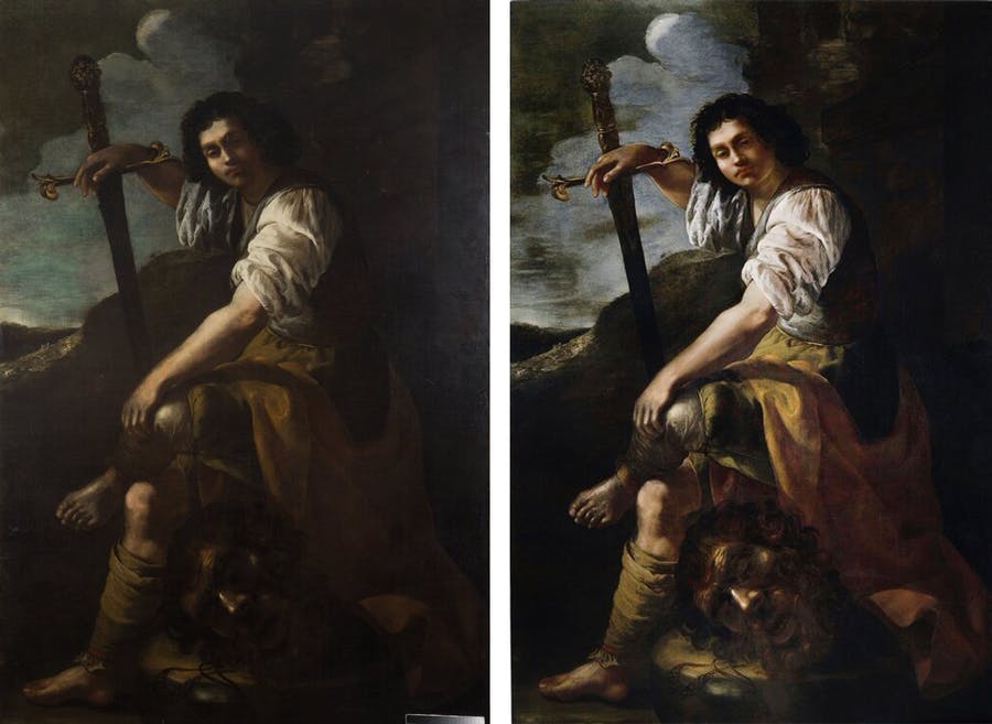 Artemisia Gentileschi, David and Goliath, 1630s, before and after restoration, images © Simon Gillespie