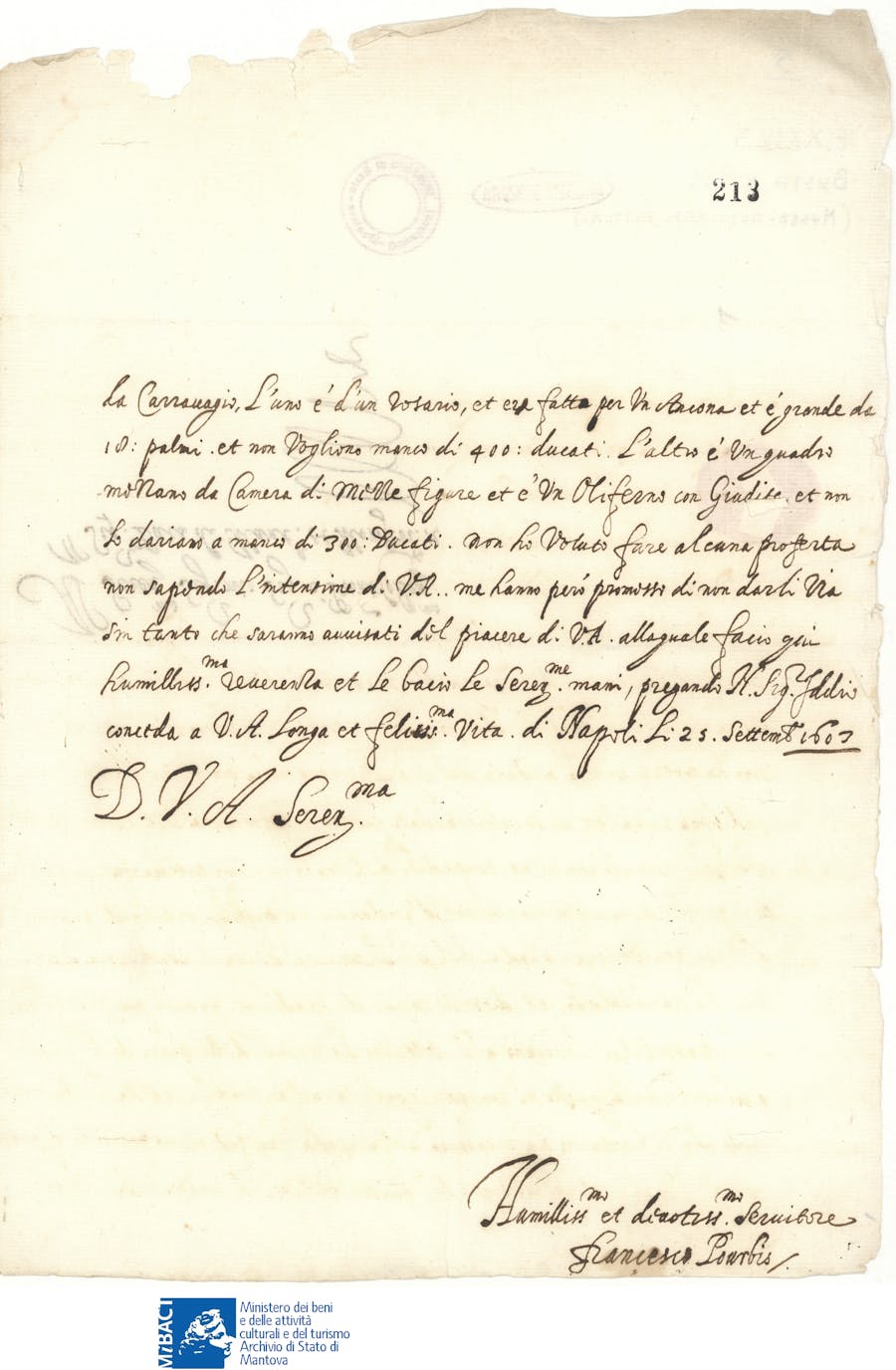 Letter by the painter Frans Pourbus to the Duke of Mantua on 25 September 1607, image © Ministry for Cultural Goods and Activities via The Toulouse Caravaggio