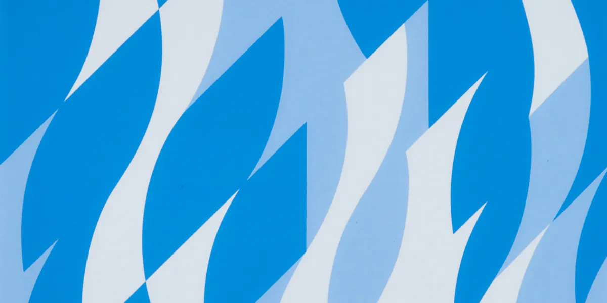 Bridget Riley (b. 1931), Two Blues, 2003 [S. 52], screenprint in colours on wove paper, with full margins, signed, titled, dated "'03," and numbered 136/250; published by Artisan Editions, Hove, UK sheet 21.5 x 21 in — 54.6 x 53.4 cm. Image © Waddington's (detail)