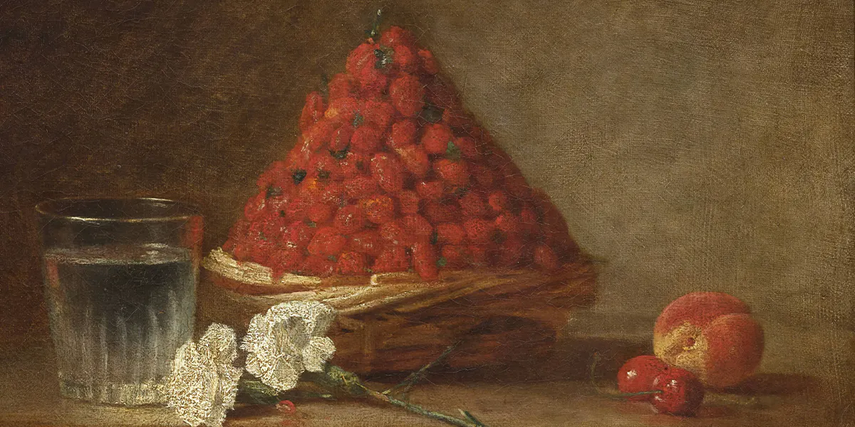 Jean Siméon Chardin (1699-1779), Il cesto di fragole, 1761, olio su tela, 38 x 46 cm, Musée du Louvre, Parigi. Immagine di pubblico dominio (dettaglio)
