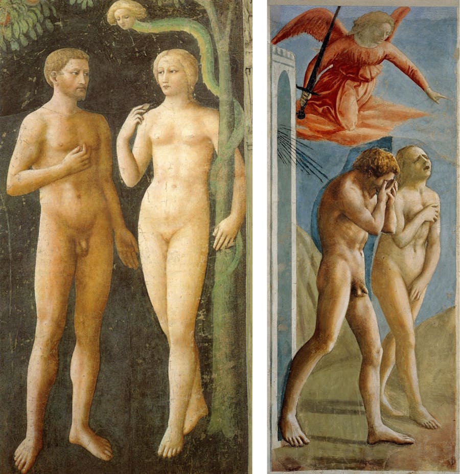 Left: Masolino, ‘Adam and Eve’, Brancacci Chapel, 1425, fresco, 208 x 88 cm.
Right: Tommaso Masaccio, ‘The Expulsion from the Garden of Eden’, Brancacci Chapel 1426-28, fresco, 208 x 88 cm. Photos public domain