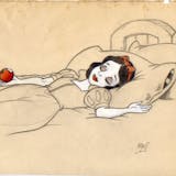 Xavier Vives Mateu - Croquis original de Blanche-Neige après avoir mordu dans la pomme empoisonnée, crayon sur papier