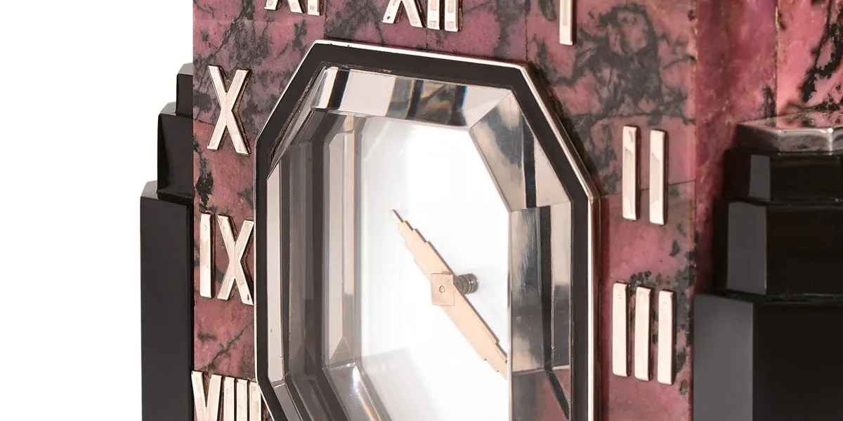 Cartier, Paris, 1930s, exceptional Pendule Mystérieuse, probably a special order, silver, marble, marquetry of rhodonite, onyx and rock crystal [detail]. Photo © Studio Sebert / PIASA