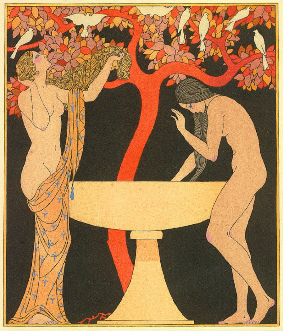George Barbier, stencil senza titolo dall'edizione del 1922 di "Les Chants de Bilitis", a cura di Pierre Corrard. Mostra due donne vicino a una fontana con colombe appollaiate su un albero. Foto di pubblico dominio 