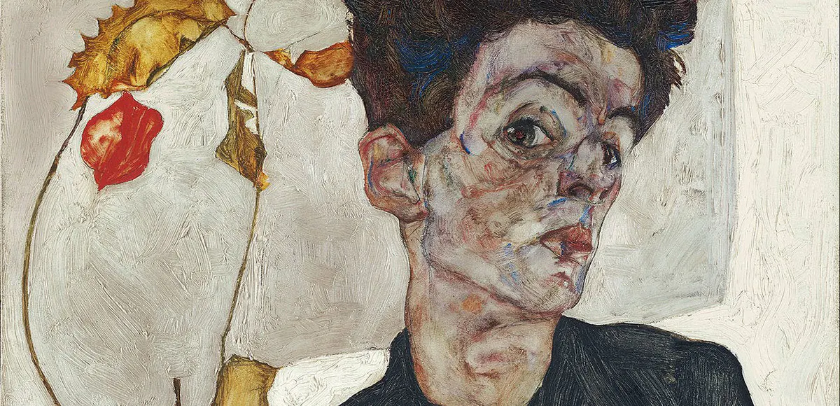 Egon Schiele (1890-1918), Autoritratto con Physalis, 1912, olio su tela, 32.2 x 39.8 cm, Leopold Museum, Vienna. Immagine di dominio pubblico (dettaglio)