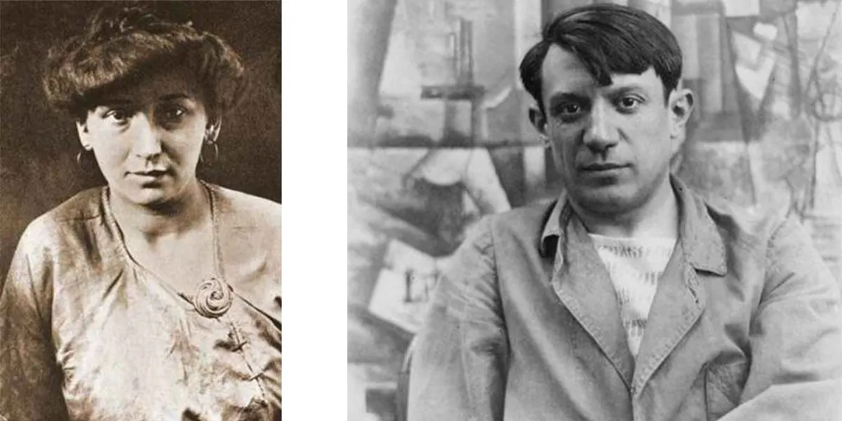 A sinistra: Fernande Olivier, 1906. Foto via Wikipedia (PD-alt-100). A destra: Picasso davanti al suo dipinto L'Aficionado (Kunstmuseum Basel) nella Villa les Clochettes, estate 1912. Foto di pubblico dominio 