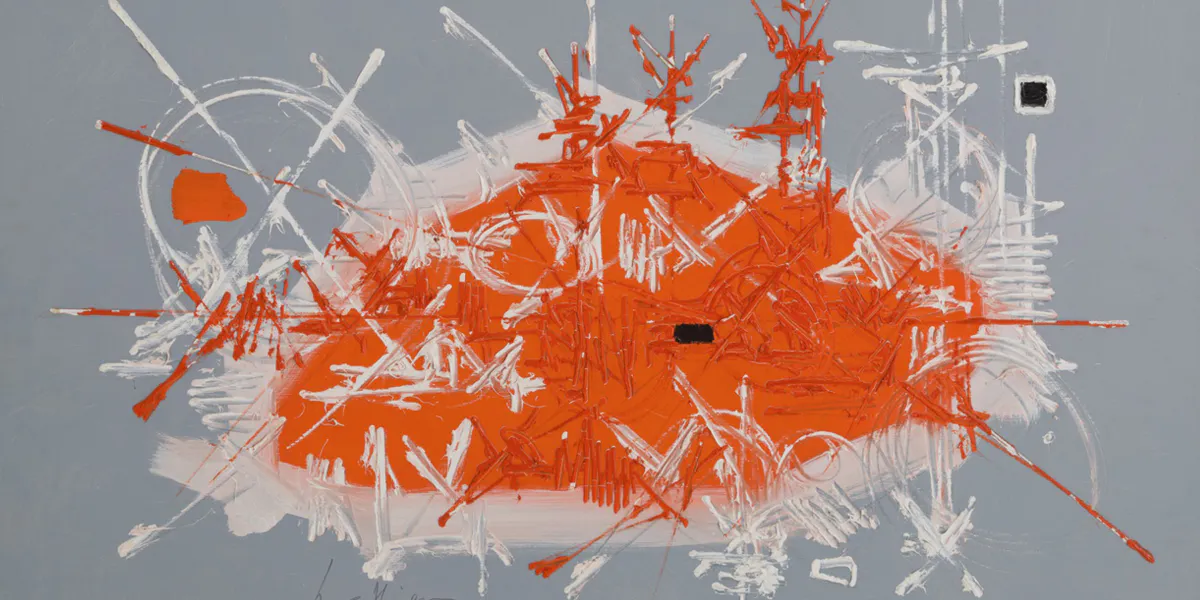 Georges Mathieu (Boulogne-sur-Mer, 1921 - Boulogne-Billancourt, 2012), Aurore I, acrylique sur toile signée en bas à gauche, avec certificat signé par Dan Coissard pour Claude Aguttes, Hôtel des Ventes de Neuilly daté de 2009, 100 x 81 cm. Lot 460. Photo © Viscontea (détail)