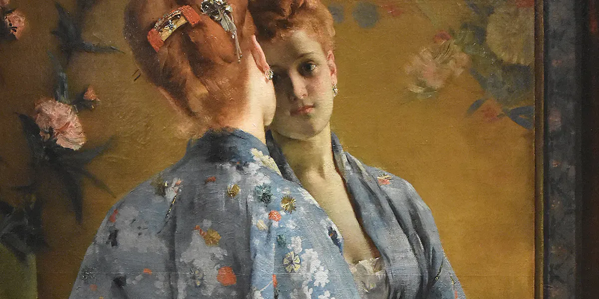 Alfred Stevens, La parisienne japonaise, 1872, oil on canvas. La Boverie, Liège. Public domain image (detail)