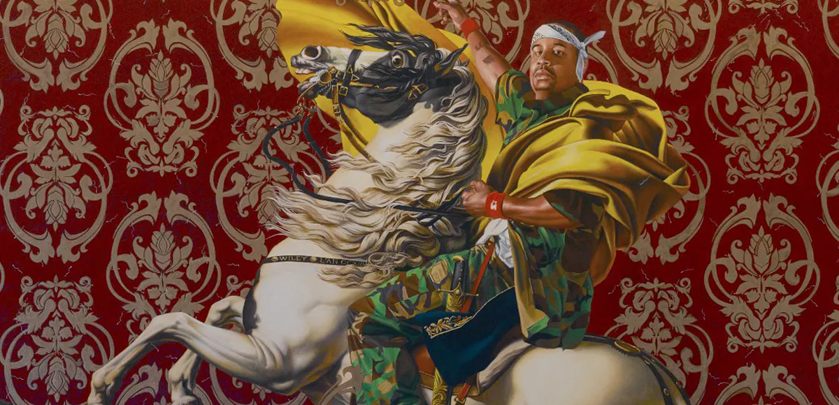 Kehinde Wiley (americano, nato nel 1977). Napoleone che guida l'esercito oltre le Alpi, 2005. Olio su tela, 108 x 108 pollici (274,3 x 274,3 cm). Brooklyn Museum, dono parziale di Suzi e Andrew Booke Cohen in memoria di Ilene R. Booke e in onore di Arnold L. Lehman, Mary Smith Dorward Fund e William K. Jacobs, Jr. Fondo, 2015.53. © artista o proprietà dell'artista (Foto: Brooklyn Museum, 2015.53_framed_PS2.jpg)
