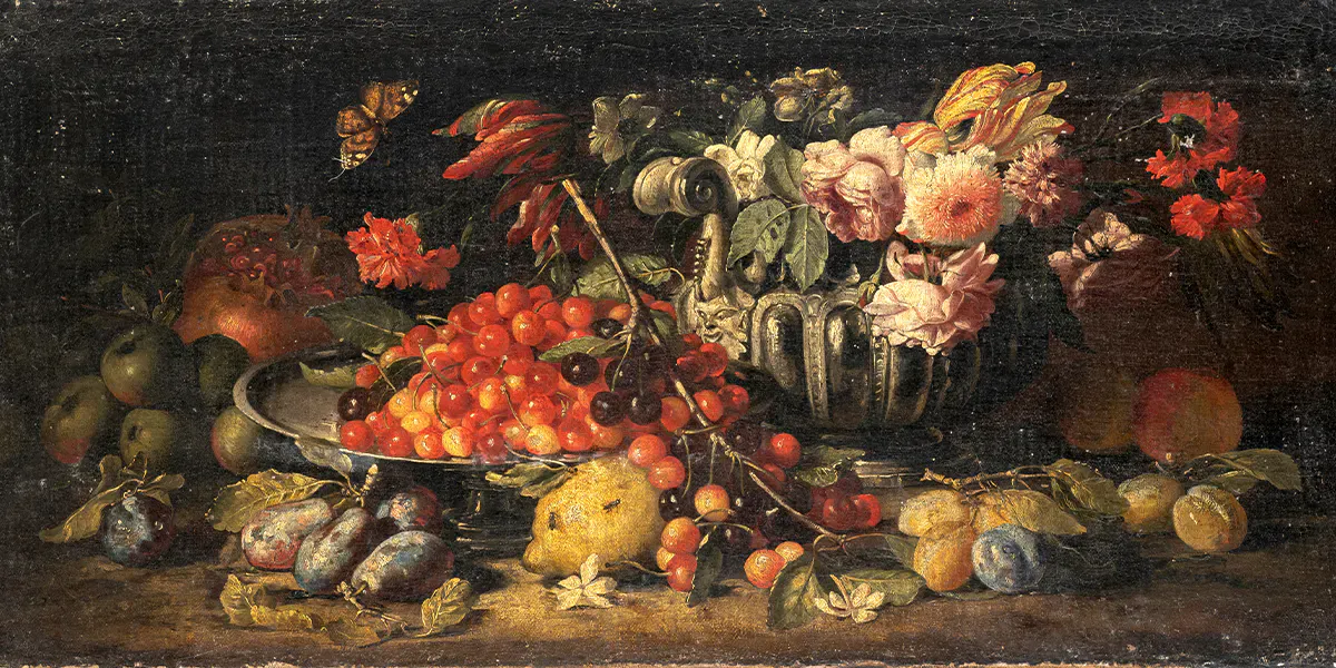 Abraham Brueghel (Anvers, 1631 - Naples, 1697), Nature morte avec bassin en argent et fleurs, cerises, prunes et grenade, huile sur toile, 50X104 cm. Photo © Wannenes (détail)
