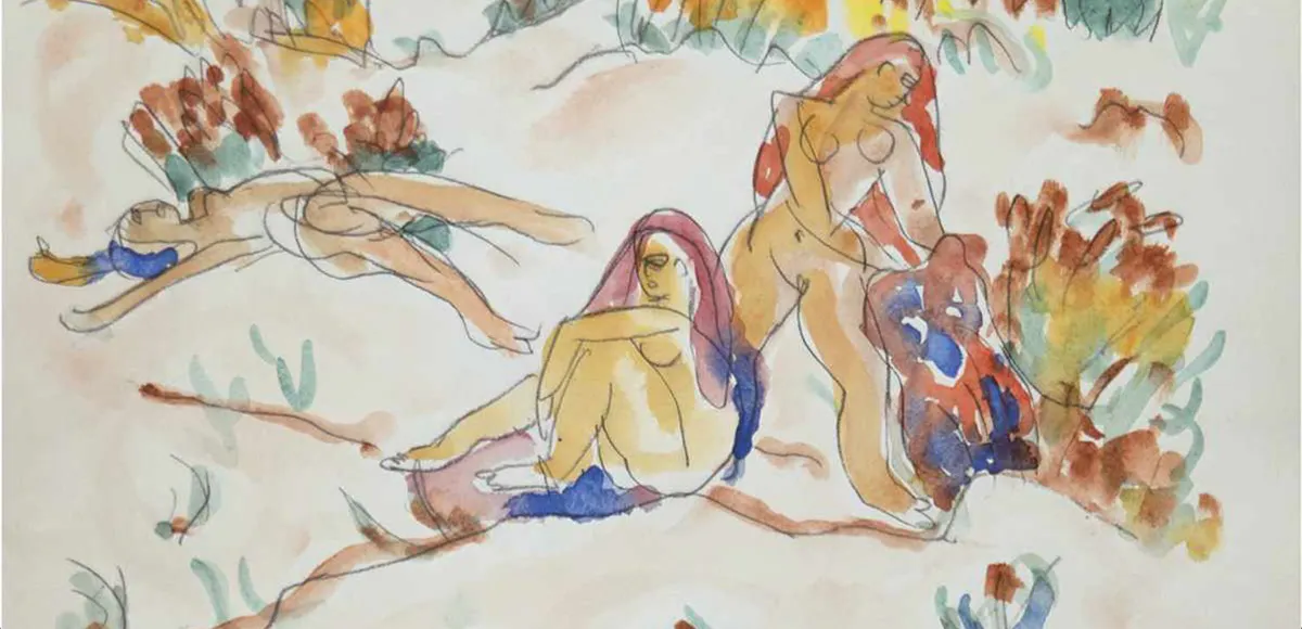 Ivo Hauptmann (1886 Erkner - 1973 Hamburg), "Drei Akte am Strand von Hiddensee", Aquarell, 1930er Jahre | Foto: © AH Satow (Detail)