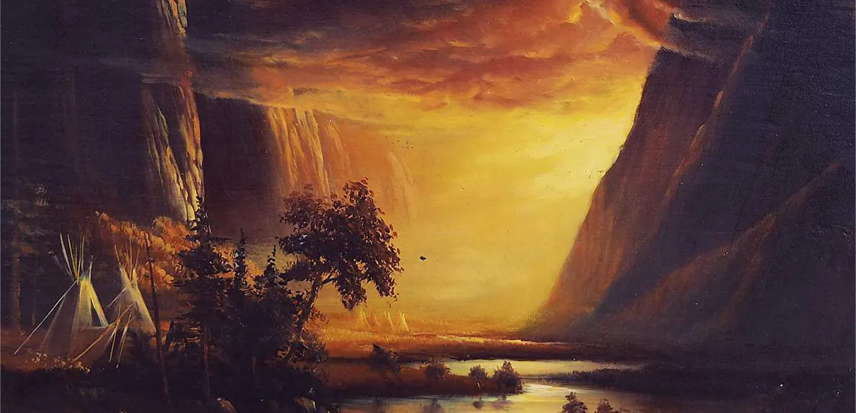Albert Bierstadt (1830 Solingen - 1902 New York City) attr., Amerikanische Gebirgslandschaft mit Indianerzelten (Tipi) im Abendrot, Öl/Holz, 17,5 x 24 cm, signiert. Foto © Auktionshaus Rütten (Detail)