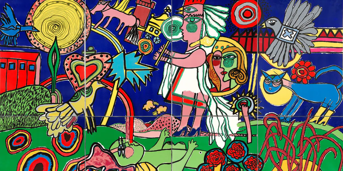 Corneille, ‘Vu par Corneille le monde des fables de Charles Perrault’, multipel, 1977, bestående av 8 separata färgserigrafier på duk (monterade). Foto © Bukowskis (detalj)