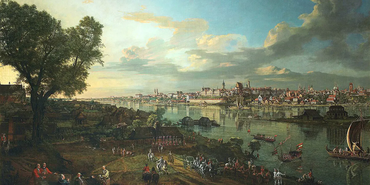 Bernardo Bellotto, Veduta di Varsavia da Praga, 1770, olio su tela, 172,5 x 261 cm, Castello Reale di Varsavia. Immagine di dominio pubblico