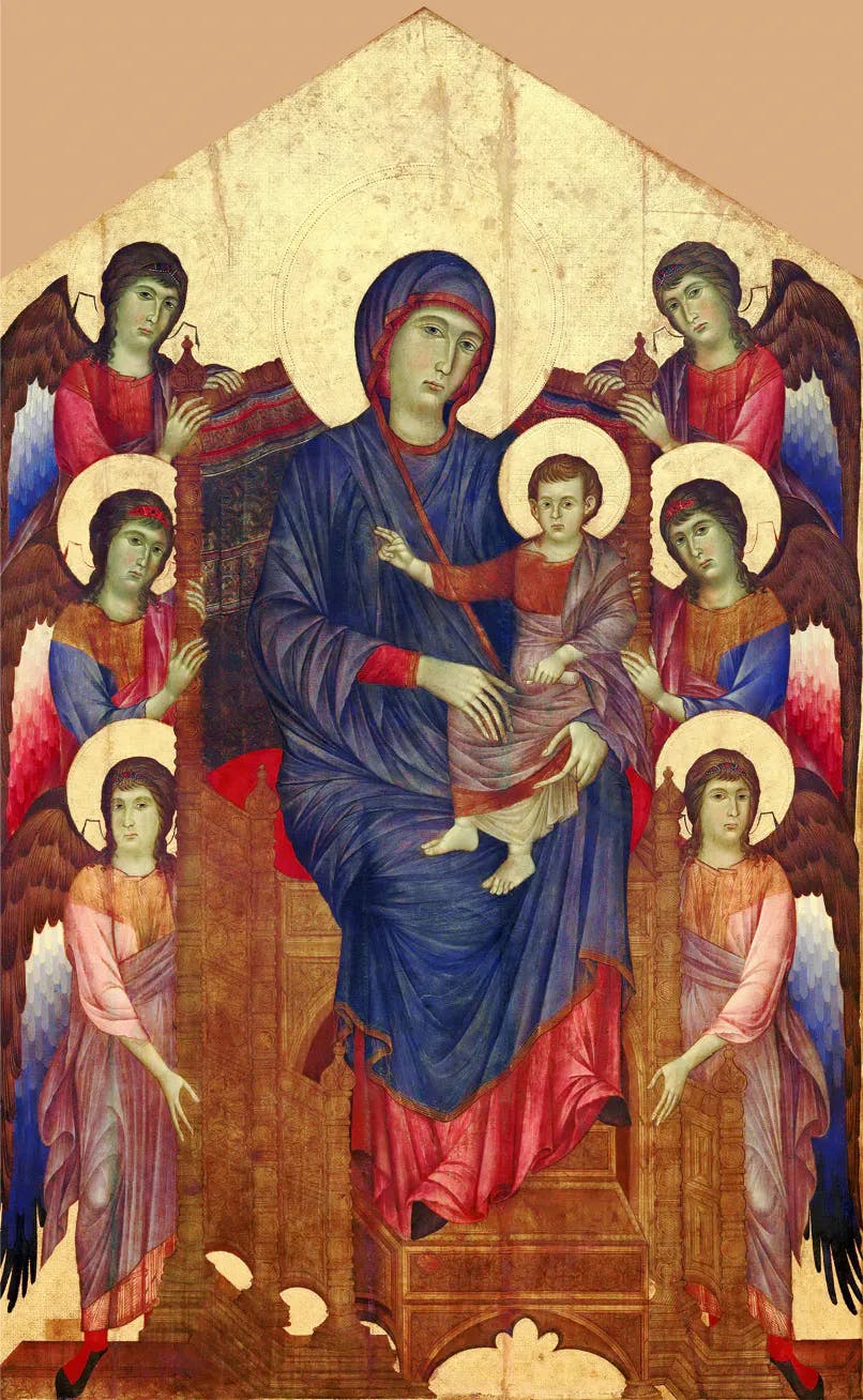 Cimabue (ca. 1240-1302), The Enthroned Madonna and Child Surrounded by Six Angels (Maestà), 1275-1300, tempera over gold ground on poplar wood, 424 x 276 cm, Musée du Louvre, Paris. Public domain image

