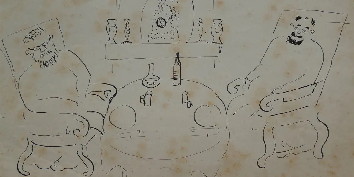 Henri Matisse (1869-1954), "Duo des deux philosophes: à nos âges un seul verre de vin est suffisant et ne peut faire mal aux artères" ("Ein Paar Philosophen: in unserem Alter ist ein Glas Wein genug und kann den Arterien nicht schaden"), Tinte/Papier, signiert und datiert, 27. Juni 1910 | Foto: © Maison de Ventes Guéry (Detail)