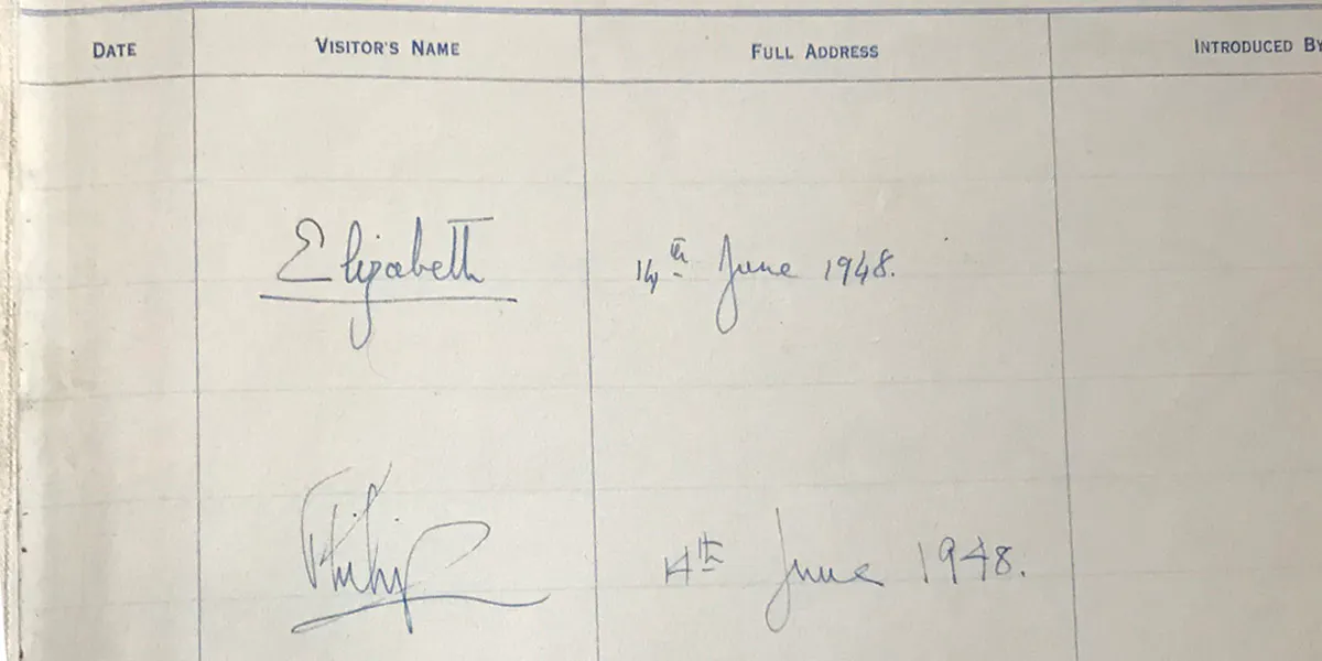 Queen Elizabeth II and Prince Phillip’s signatures on a Royal Tournament visitors’ book. Photo: Chaucer Auctions