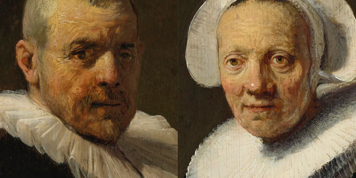 A sinistra: Rembrandt van Rijn (1606 Leida - 1669 Amsterdam), Ritratto di Jan Willemsz. van der Pluym (1565-1644 circa), ritratto di busto, firmato e datato "Rembrandt / f. 1635", iscritto "Æ 69", olio/legno, 20,8 x 16,7 cm. Foto © Christie's (dettaglio). A destra: Rembrandt van Rijn (1606 Leida - 1669 Amsterdam), Ritratto di Jaapgen Carels (1565-1640), busto, firmato e datato "Rembrandt / f. 1635", iscrizione "Æ 70", olio/legno, 19,9 x 16,7 cm. Foto © Christie's (dettaglio)