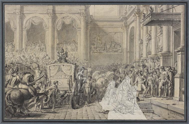Arrival of Napoleon I at the Hôtel de Ville, Jacques-Louis David. 1805, pen drawing on paper. Image: RMN-Grand Palais (Louvre Museum) / Stéphane Maréchalle
