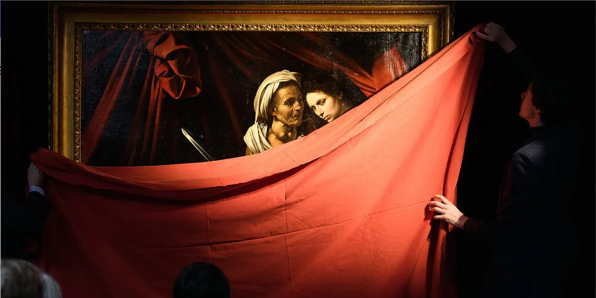 Galerieassistenten enthüllen "Judith und Holofernes" von Caravaggio während einer Presseveranstaltung, um den bevorstehenden Verkauf des Werks bei einer Auktion am 28. Februar 2019 in London, England, zu bewerben. Foto von Leon Neal via Getty Images