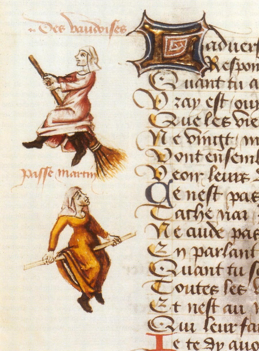 Martin Le Franc's 'Le Champion des Dames' contains the first depiction of a flying witch. Photo in the public domain
