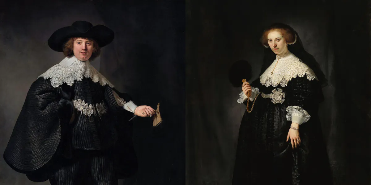 A sinistra: Rembrandt, Ritratto di Marten Soolmans (1613-1641), olio su tela, 1634. Immagine di pubblico dominio. A destra: Rembrandt, Ritratto di Oopjen Coppit (1611-1689), olio su tela, 1634. Rijksmuseum, CC0, via Wikimedia Commons (dettagli e collage)