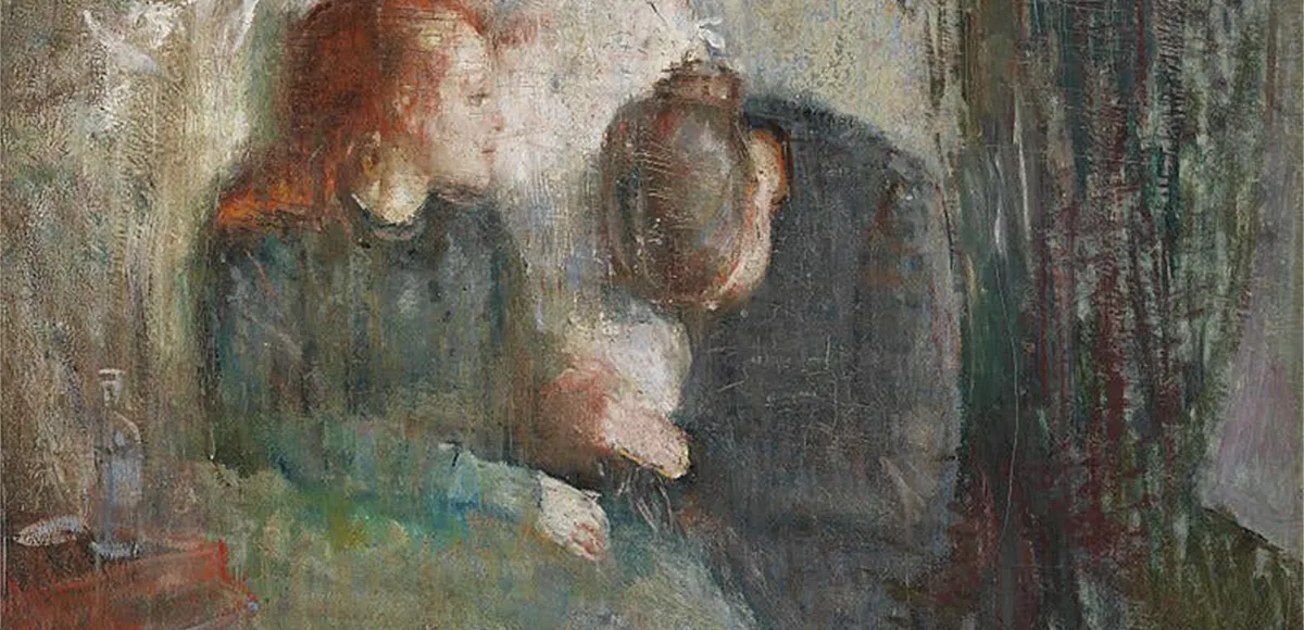 Edvard Munch (1863-1944), Das kranke Kind, 1885/86, Öl/Lwd., Norwegische Nationalgalerie, Oslo. Mit dem Gemälde verarbeitete Munch die Tuberkuloseerkrankung und den frühen Tod seiner Schwester Sophie. Das Werk wurde war sein Durchbruch, wenn auch weniger, was seine Popularität betrifft (tatsächlich erhielt Munch viel Häme und Ablehnung für den gewählten Stil), als für seine persönliche Entwicklung als Künstler. Foto gemeinfrei (Detail)
