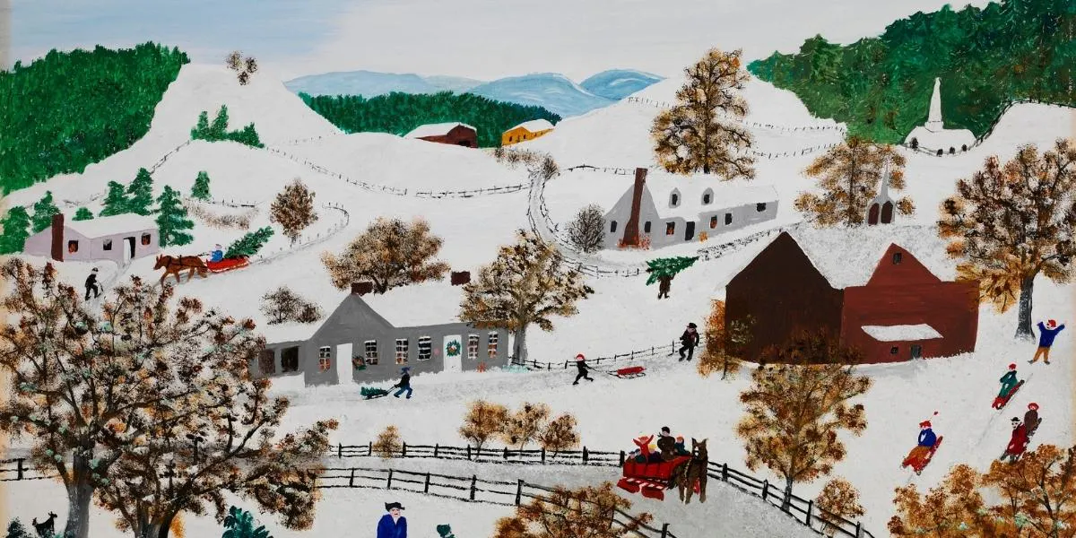 Grandma Moses, Christmas, 1958, oil and tempera on pressed wood, Smithsonian American Art Museum, Gift of Charles Nelson Brower in memory of Charles H. and Elizabeth N. Brower, 2015.49, © Grandma Moses Properties (detail)