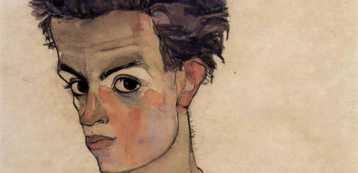 Egon Schiele (1890-1918), Selbstbildnis mit gestreiftem Hemd, 1910, Öl und Gouache/Lwd., 44 x 30,5 cm, Leopold Museum, Wien. Foto gemeinfrei (Detail)