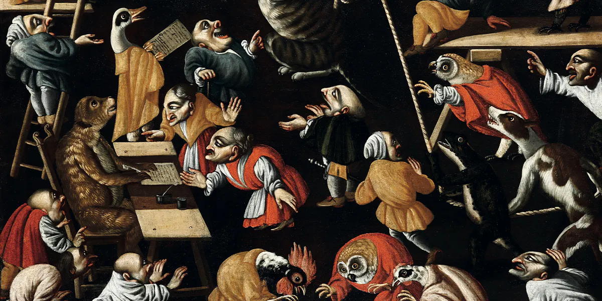 Maestro della Fertilità dell'Uovo (XVII-XVIII secolo), Il processo al gatto, olio su tela, cm 90x122. Stima: 30.000 - 40.000 euro