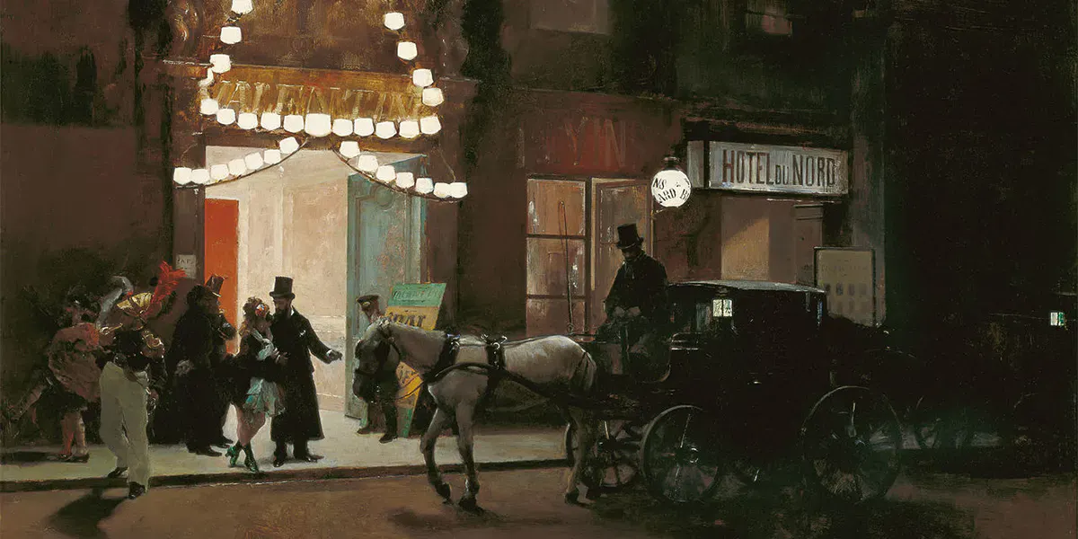 Raimundo de Madrazo, Salida del baile de máscaras, um 1885, Öl/Karton, 49 x 80,5 cm, Carmen Thyssen Museum, Malaga. Foto gemeinfrei (Detail)